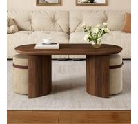 BOWDOW Table Basse Ovale 108cm avec 2 tabourets rembourrés, Bois Noyer | Set table basse ovale + 2 tabourets, assises rembourrées, gain de place, design moderne