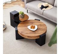 BOWDOW Table Basse Ronde 2-en-1, Bois et Verre, Pieds Noirs | Bois et verre trempé, deux niveaux, MDF robuste, pieds noirs L, démontable, antidérapant.
