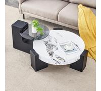 BOWDOW Table Basse Ronde 2-en-1, Marbre Blanc et Verre, Pieds Noirs | Marbre blanc et verre trempé, deux niveaux, MDF robuste, pieds noirs L, démontable.
