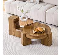 BOWDOW Table Basse Ronde 2-en-1, Verre et Bois, Pieds Bois | Verre et bois, deux niveaux, MDF robuste, pieds bois L, démontable, antidérapant.