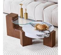 BOWDOW Table Basse Ronde 2-en-1, Verre et Marbre Blanc, Pieds Noyer | Verre et marbre blanc, deux niveaux, MDF robuste, pieds noyer L, démontable.