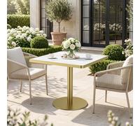 BOWDOW Table Carrée Sintered Stone 70x70cm, Pied INOX Doré, Marbre Blanc 1 | Sintered stone 3cm, acier inoxydable doré, 70x70x75cm, blanc marbre, résistant rayures, base lestée.