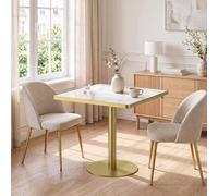 BOWDOW Table Carrée Sintered Stone 70x70cm, Pied INOX Doré, Marbre Blanc 2 | Sintered stone 3cm, acier inoxydable doré, 70x70x75cm, blanc marbre, résistant rayures, base lestée.