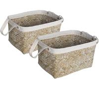 Box and beyond - Lot de 2 Paniers de Rangement - 15 x 19 x 25 cm - Jonc de Mer Naturel et polycoton - Tressés - Avec Poignées - Rangement, Déco - Chambre, Salon, Bureau - Style Bohème et Chic