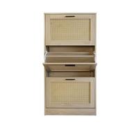 Box and beyond - Meuble à Chaussures - 60 x 24 x 118 cm - Bois Naturel, Cannage - 3 Tiroirs - 18 Paires de Chaussures - Couloir, Entrée - Style Bohème