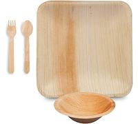 BOX And Tree | 100 Pièces de Vaisselle jetable, 25x Assiettes en Feuille de Palmier 20x20cm, Set de 25x Fourchettes+Cuillères + 15 x de. Bols en Bois Bambou 150ml |