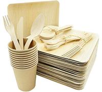 BOX And Tree| 125 Pièces Vaisselle Jetable en Palmier 25x Assiettes, 75 Couverts en bois bambou -25 Gobelets Alternative aux Assiettes en Plastique | Aspect Bois Naturel, Style Bambou |