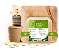 BOX And Tree| 150 Pièces Vaisselle Jetable en Feuilles de Palmier- 50x Assiettes,75 Couverts (fourchette+couteau+cuillere) -25 Gobelets,Aspect Bois Naturel, Bambou