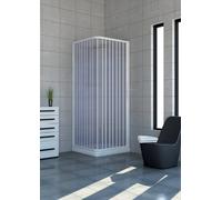 Cabine de douche d’angle, une porte, fermeture à 90°, ouverture à droite ou à gaucheProduit en PVC atoxique auto-extinguible.Réductible en coupant le rail.Blanc.