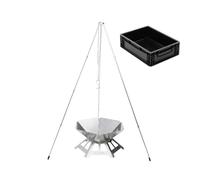 BOXIO - Fire Bundle : brasero en acier inoxydable avec grille de cuisson et trépied - Cheminée octogonale d'extérieur et barbecue de camping, petit brasero avec protection anti-étincelles, mini panier