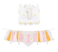BOXOB Bannière de Chaise Haute Daisy 1er Anniversaire, Décorations le Premier Anniversaire d'Une Petite Fille avec un Chapeau Couronne et Marguerite pour Fête Prénatale d'Un an