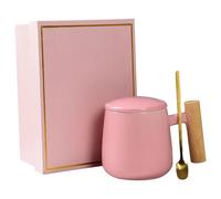 boxoon Mug coffret cadeau rose, tasse en céramique 12,7 oz / 360 ml avec anse en bois, couvercle et cuillère dorée, pour cadeaux personnalisés de fête des pères, présentation soignée
