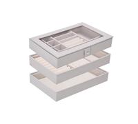 Boxudeli Plateau à bijoux 3 niveaux, plateau empilable avec couvercle transparent, présentoir à bijoux pour tiroir, grande boîte à bijoux (Gris clair, Couvercle de connexion à trois niveaux)