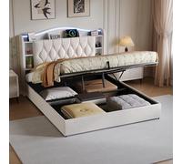 BPKADHY Lit double capitonné, 160 x 190 cm, avec LED et USB, tiroir de lit hydraulique, tête de lit, sommier à lattes en bois, velours, beige, sans matelas