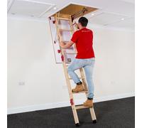 BPS® Grand escalier en bois pour grenier | Marches extra larges | Double support à ressorts | Capacité de charge élevée jusqu'à 200 kg | EN14975 | 1280 mm x 700 mm | Convient pour des hauteurs de pièc