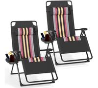 BQSWYD Chaise longue pliable et réglable, résistante aux intempéries, avec appui-tête et porte-gobelet, jusqu'à 150 kg, pour extérieur, balcon, plage (rayures 2)