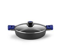 BRA Advanced | Faitout Bas 32 cm, Fonte D'Aluminium | Noir, Antiadhésif Profile Renforcé sans PFOA, Couvercle en Verre et Anses en Silicone Démontables, Bleu