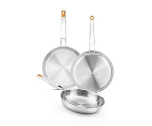 BRA Efficient Inox Triply Lot De 3 Poêles De 20-24-26 Cm, Acier Inoxydable 18/10, Sans Revêtement Antiadhésif, Triple Fond Diffuseur Forgé, Sans Pfoa, Manche Riveté