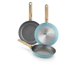 BRA Nordik | Lot de poêles de 20, 24 et 28 cm au design nordique, en aluminium forgé avec revêtement antiadhésif, adaptées à tous les types de cuisinières, y compris à l'induction, couleur turquoise