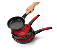 BRA Premiere | Lot de 3 poêles, aluminium fondu antiadhésif, adapté à tous types de cuisinières, y compris induction, couleur noire avec silicone rouge, 18|22|26 cm