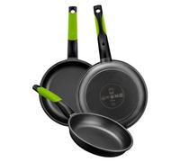 BRA Prior | Lot de 3 poêles à frire, 20–24–28 cm, en fonte d'aluminium antiadhésive, avec deux dessous-de-plat verts résistants, adaptées à tous les types de cuisinières, y compris l'induction