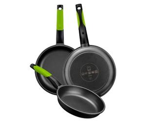 BRA Prior | Lot de 3 poêles à frire, 20–24–28 cm, en fonte d'aluminium antiadhésive, avec deux dessous-de-plat verts résistants, adaptées à tous les types de cuisinières, y compris l'induction