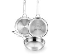 BRA Signature | Lot de 3 poêles en acier inoxydable 18/10 professionnel sans revêtement antiadhésif, triple fond diffuseur, tous feux dont induction, finition polie brillante, 20-24-26 cm