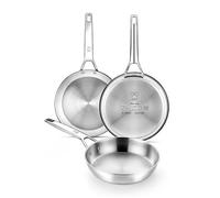 BRA Signature | Lot de 3 poêles en acier inoxydable 18/10 professionnel sans revêtement antiadhésif, triple fond diffuseur, tous