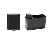 Brabantia Poubelle à pédale de recyclage, acier, noir mat, grande (2 x 30 l) & Kit pour Organiser Son Espace évier, Organiseur et Distributeur de Savon - Dark Grey