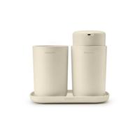 Brabantia - Renew Set d’Accessoires de Salle de Bains - Distributeur de Savon, Porte-Brosse à Dents & Plateau - Mécanisme de Pompe Anti-Goutte - Anti-Rayures - Anti-Corrosion - 3 psc. - Soft Beige