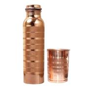 BRACOP® Bouteille en cuivre pur avec gobelet en verre carafe et gobelet étanches style ayurvédique avec couvercle pour la maison le bureau et les voyages carafe et artisanaux en cuivre