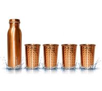 BRACOP® Carafe en cuivre avec Couvercle Verre mug en cuivre Pur ustensile de Service Gourde Artisanale Verres en Relief pour la Maison Le Bureau et Les Voyages Ensemble de Verres à Eau.