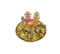 BRACOP Ensemble de plateau de puja en laiton Plateau Aarti indien Plat de service rond Lampes à huile pour Diwali Navratri Diya Statue en métal Lakshmi Ganesha Déesse indienne Décoration de temple