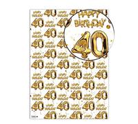 Brainbox Candy - 2 feuilles de papier cadeau amusant « 40e anniversaire » - Emballage de ballons blancs et dorés - 40 ans de papier cadeau pour lui, elle, homme, femme - Emballage plié de qualité