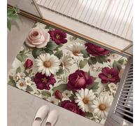 Branches Et Feuilles Roses Et Marguerites Paillasson Intérieur, 90x150 cm Tapis Entrée Intérieur Extérieur Imperméable Antidérapant, Fleurs Rétro Tapis pour Lavable Cuisine Salle Bain- Crème