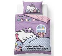 BrandMac Hello Kitty Parure de lit Enfant | Housse de Couette 140x200 cm + taie d’Oreiller 50x70 cm | 100% Coton | Doux et Respirant | Design Officiel Hello Kitty Sanrio (Hello Kitty - Violet)