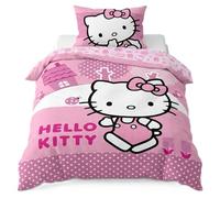 BrandMac Hello Kitty Parure de lit Enfant | Housse de Couette 140x200 cm + taie d’Oreiller 50x70 cm | 100% Coton | Doux et Respirant | Design Officiel Hello Kitty Sanrio (Hello Kitty - Rose)