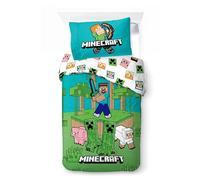 BrandMac Minecraft Parure de lit Simple 140 x 200 cm avec taie d'oreiller 60 x 65 cm (Vert/Blanc)