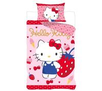 BrandMac Parure de Lit Enfant Hello Kitty Original 135x200cm + Taie d'oreiller 80x80cm | 100% Coton Doux & Respirant | Housse de Couette Réversible Motif Fraise, Cœur, Glace