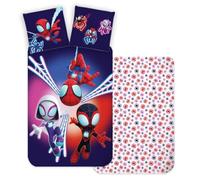 BrandMac Parure de lit réversible Spidey - 100 % coton - 135 x 200 cm et 80 x 80 cm - Parure de lit pour enfant fille et garçon - Superbe motif Spidey et ses super amis