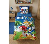 BrandMac Sonic The Hedgehog Parure de Lit Enfant 135x200 cm + Taie 80x80 cm - 100% Coton - Housse de Couette Réversible Bleu avec Sonic, Tails & Knuckles - Certifié Oeko-Tex