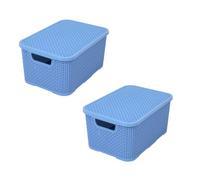 BranQ Home essential Lot de 2 corbeilles avec couvercle aspect rotin - Taille M 10 l - Plastique PP sans BPA - Bleu denim - 28,8 x 19,7 x 16,2 cm - 2 pièces.