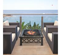 Brasero 3 en 1 avec grille de cuisson, pare-étincelles et seau à glace, foyer carré, acier ardoisé, noir | 76 x 76 x 47 cm | 19 kg