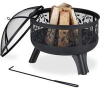 Brasero à bougies avec pare-étincelles - Grille de cuisson - Motif feuillage - Ø 62 cm - Brasero de jardin noir