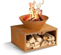 Brasero avec compartiment de rangement pour le bois | Bol en acier corten robuste, idéal pour des soirées conviviales en extérieur | Doté d'un espace de rangement pratique pour les bûches | Montage fa