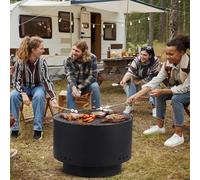 Brasero avec grille de barbecue, Ø 60 cm avec protection anti-étincelles, grand tonneau à feu pour le jardin avec tisonnier et sac de transport, brasero en bois massif et charbon avec pour chauffage
