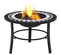 Brasero avec mosaïque noire et blanche 68 x 68 x 45 cm en acier et | Support à trois pieds, plateau rond, grille ignifuge noire, utilisation avec du bois ou du charbon de bois, jardin et patio