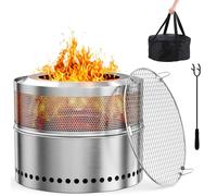 Brasero – Brasero sans fumée, 50 cm – Acier inoxydable – Grille de cuisson – Bac à cendres amovible – Sac de rangement – Portable – Argenté