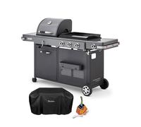 BRASERO BY FAVEX - Barbecue Plancha Bi-Energy XL Gaz & Charbon - 3 brûleurs 10,8 kW - Plancha fonte émaillée 60 x 42 cm - 14 convives - Housse + Kit spatules inox inclus - LONGTIME®