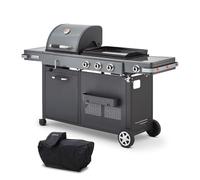 BRASERO BY FAVEX - Barbecue Plancha Bi-Energy XL Gaz & Charbon - Plancha fonte émaillée 60 x 42 cm - Grille 49 x 42 cm - 3 brûleurs 10,8 kW - 14 convives - LONGTIME® - Housse incluse